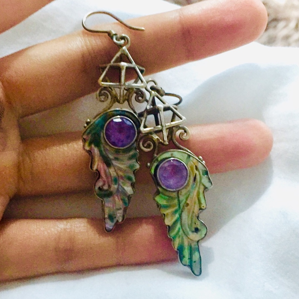 Rare merkaba with amethyst & abalone shell earring